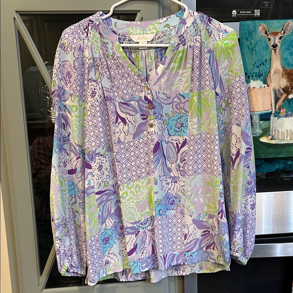 Lilly Pulitzer Elsa Juicy Story Silk Lavender Patchwork Blouse XS